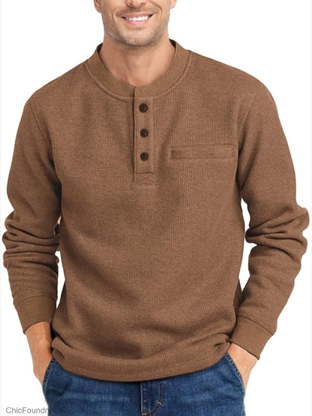 Men's Long Sleeve Henley Shirt Waffle Thermal Pullover 3-Button T-Shirt with